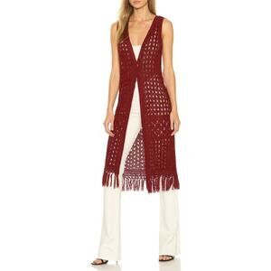 Faded Glory Burgundy Open Knit Fringe Hem Sleeveless Boho Knit‎ Top Size M